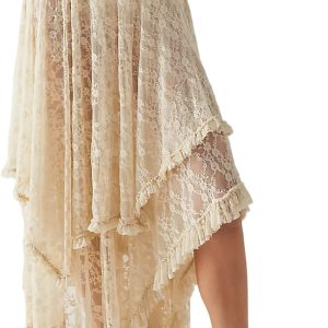 Women Lace Long Skirts Summer Elastic Asymmetrical Layered Hem Sexy See-Through Beach Floral Maxi Skirts