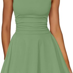 Women Ruffle Hem Boat Neck Mini Dress Sleeveless Ruched Corset Short Party Dresses