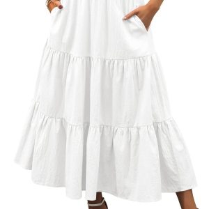 Women’s Summer  Flowy Swing Tiered A-Line Maxi Skirt  Fashion Trendy Elastic Waist Pleated Long Beach Dress