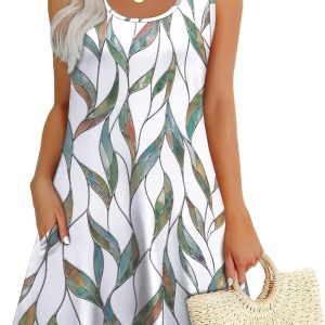 Women Summer Dresses Loose U Neck Sleeveless Sundresses Dress with Pockets