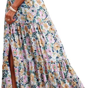 Summer Skirts for Women Floral Print High Waist Flowy Split A Line  Maxi Skirt with Pockets