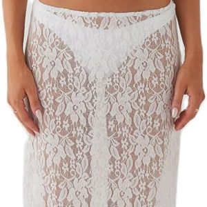 Women Lace Long Skirt Satin High Waist A-line Midi Skirt Y2K Summer Elegant Beach Party Maxi Skirts