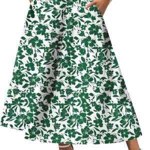 Women Midi Summer   Elastic High Waist A-Line Flowy Swing Asymmetric Tiered Skirt Dress with Pockets