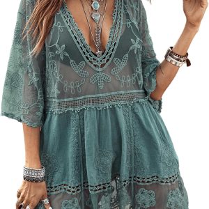 Women Contrast Lace Bathing Suit Cover Up V-Neck Swimsuit Coverups Loose Swimwear Beach Dress Beachwear