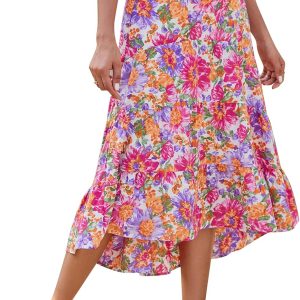 Women Long Skirts  Floral Elastic High Waist Asymmetrical Hem Midi Skirt