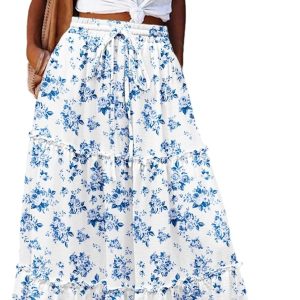 Women Casual Maxi Skirts for Women  High Waist  Skirts Floral Printed Long Flowy Skirt with Pockets