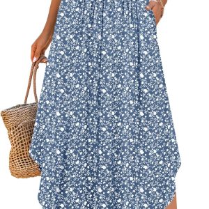 Women Maxi Skirts Summer  Floral High Waisted Flowy Swing Pleated Beach Long Skirt with Pockets